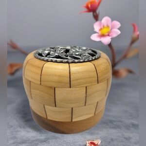 Maple Potpourri Bowl With Pewter Floral Design Lid Decorative Wood Design